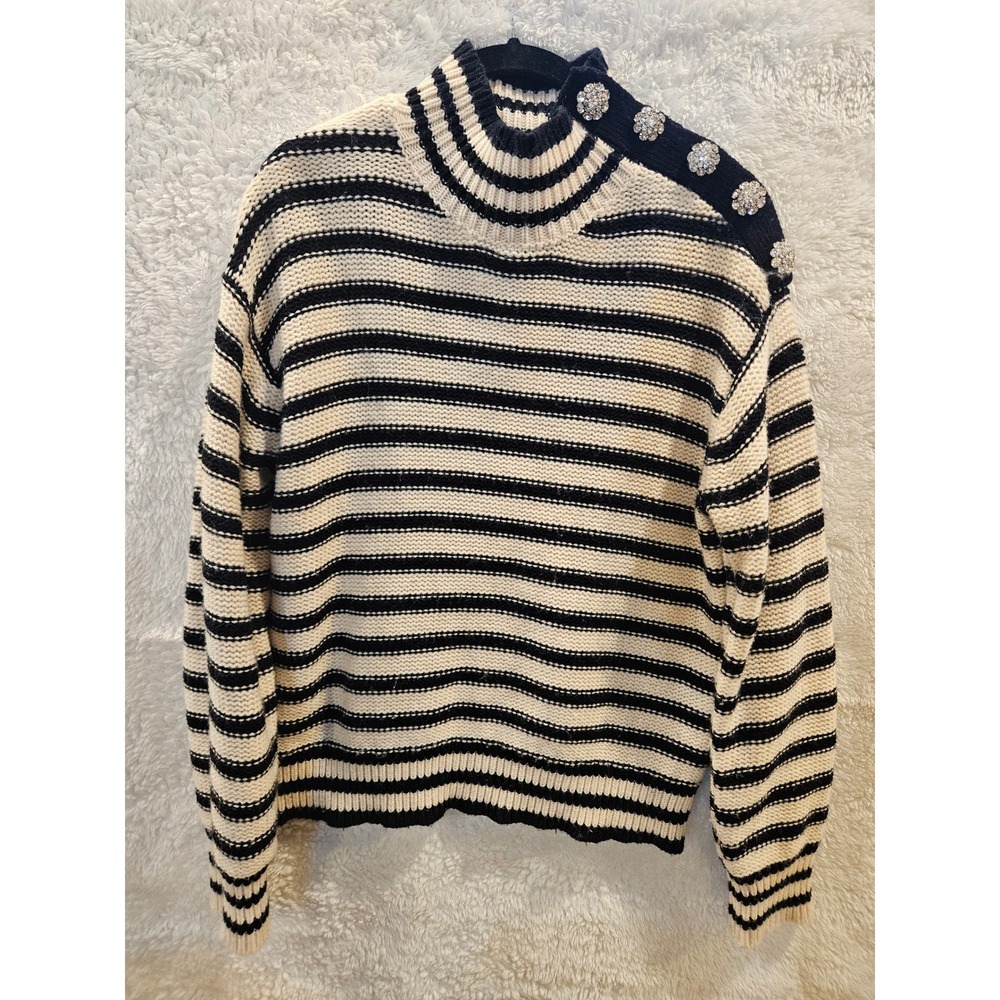 J Crew Sz M Striped Mock Turtleneck Sweater Rhinestone Buttons Women'‎ #495